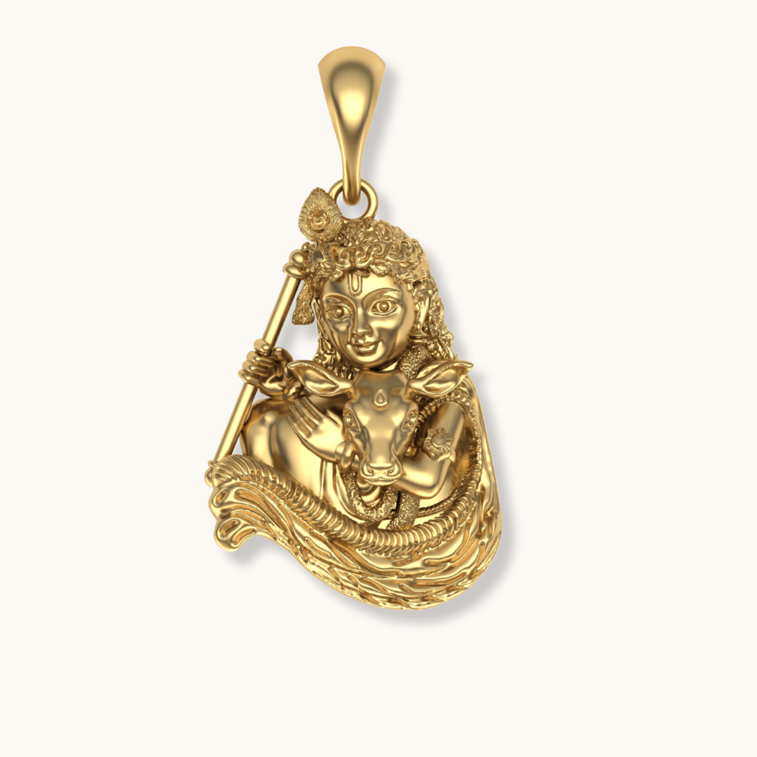 Shri krishna with baby cow pendent gold plated with chain 