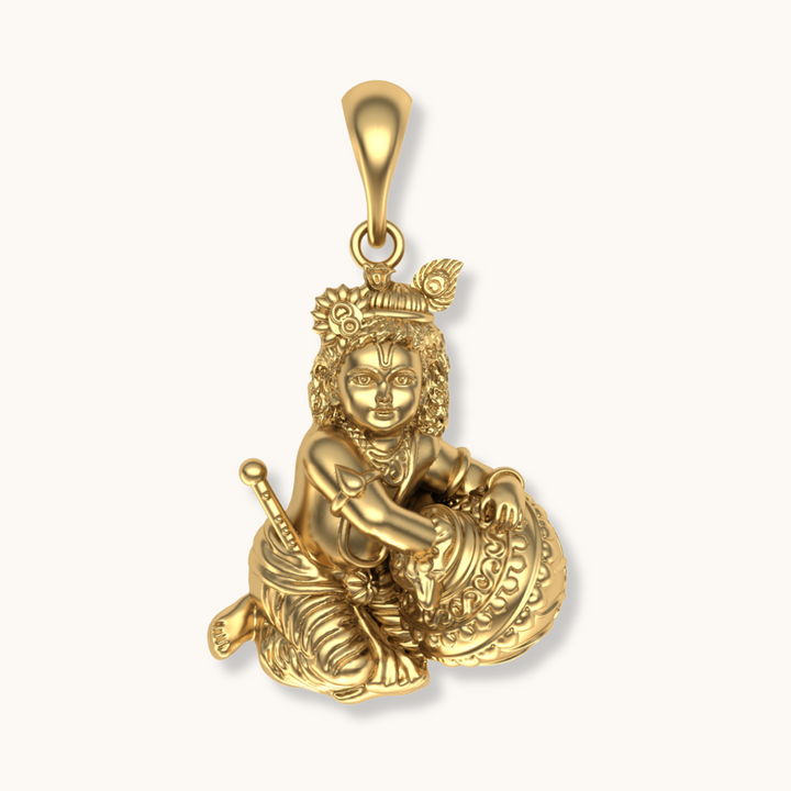 Laddu gopal cute makhan chor pendent in gold with chain  